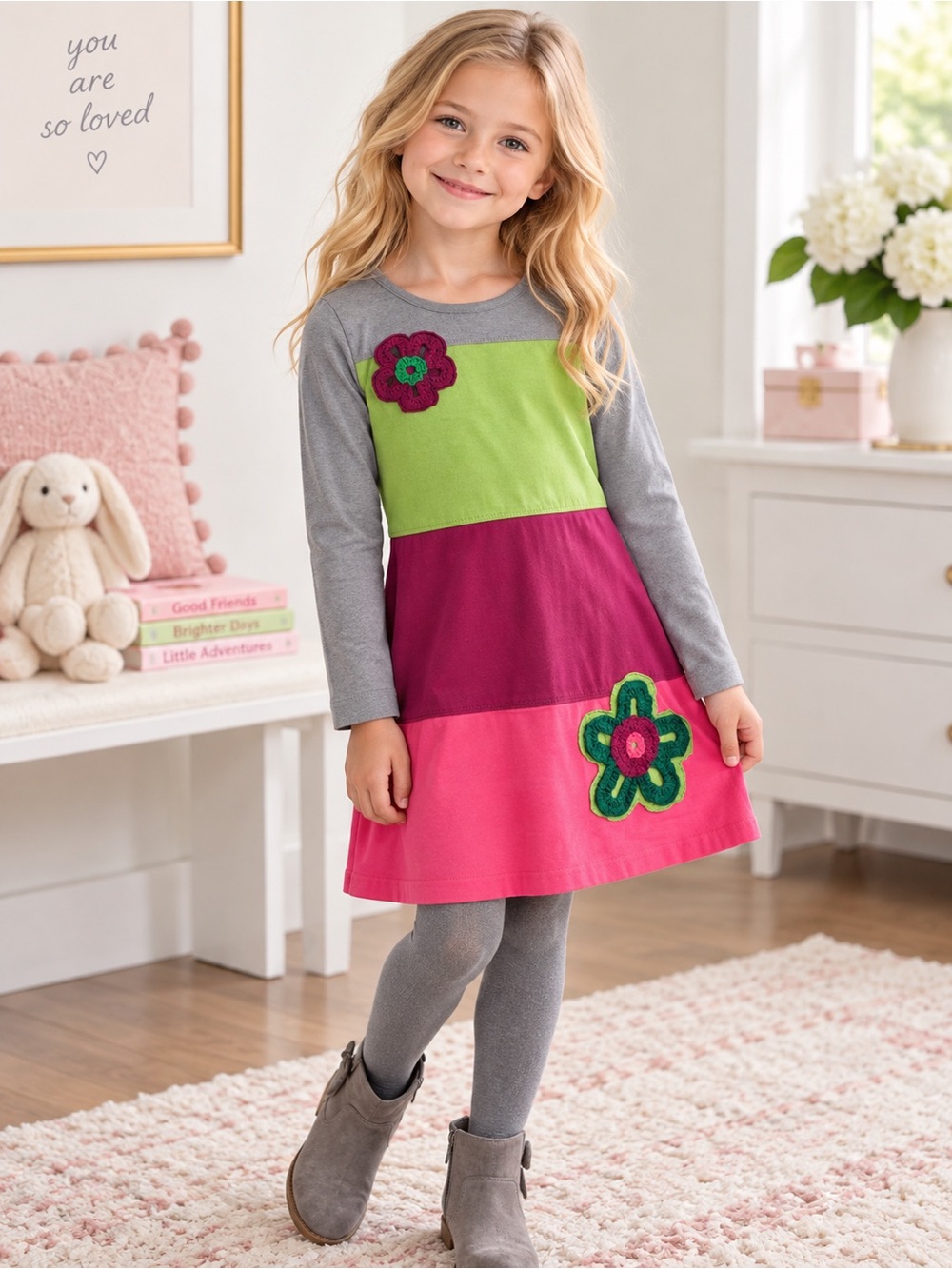 Hanna Andersson Colorblock Flower Appliqué Dress 120 6-7